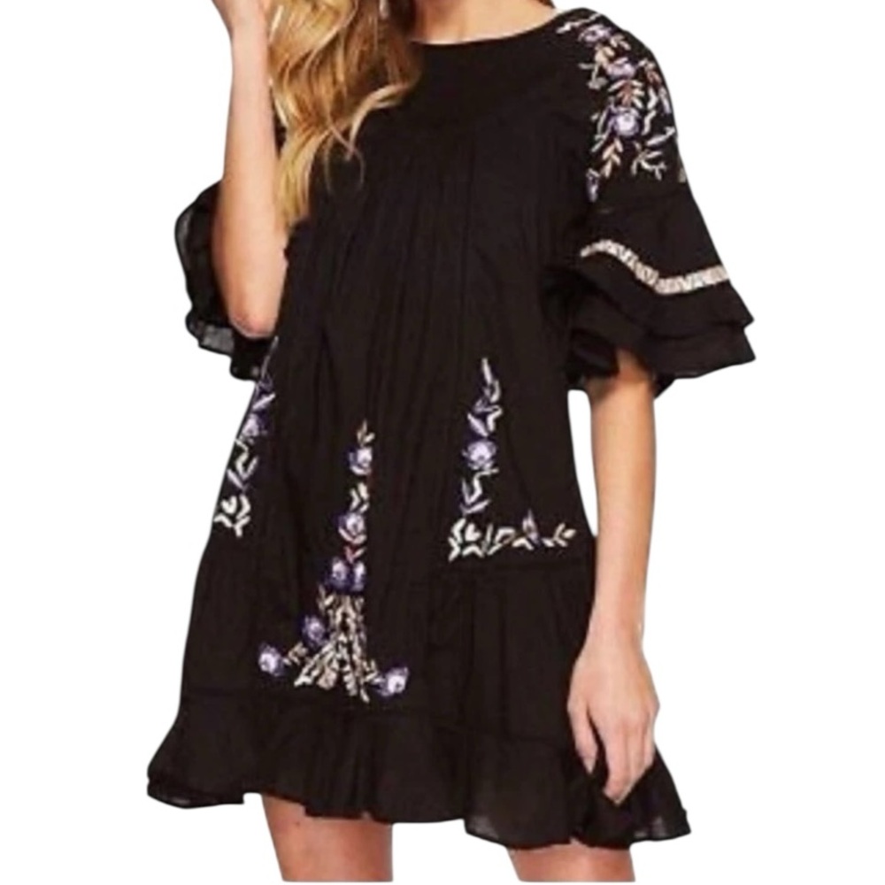 Free People Pavlo Embroidered Ruffle Mini Dress Black Women’s  Size Small - Picture 12 of 14